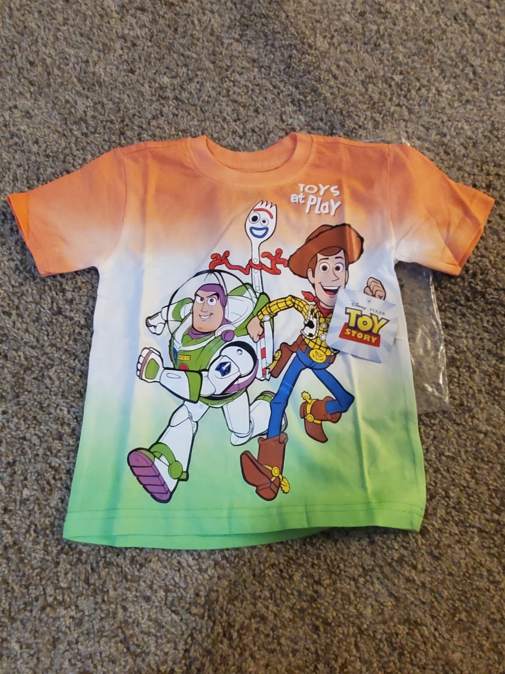 Toy Story Gradient Kids Tee with Buzz & Woody - Orange Green